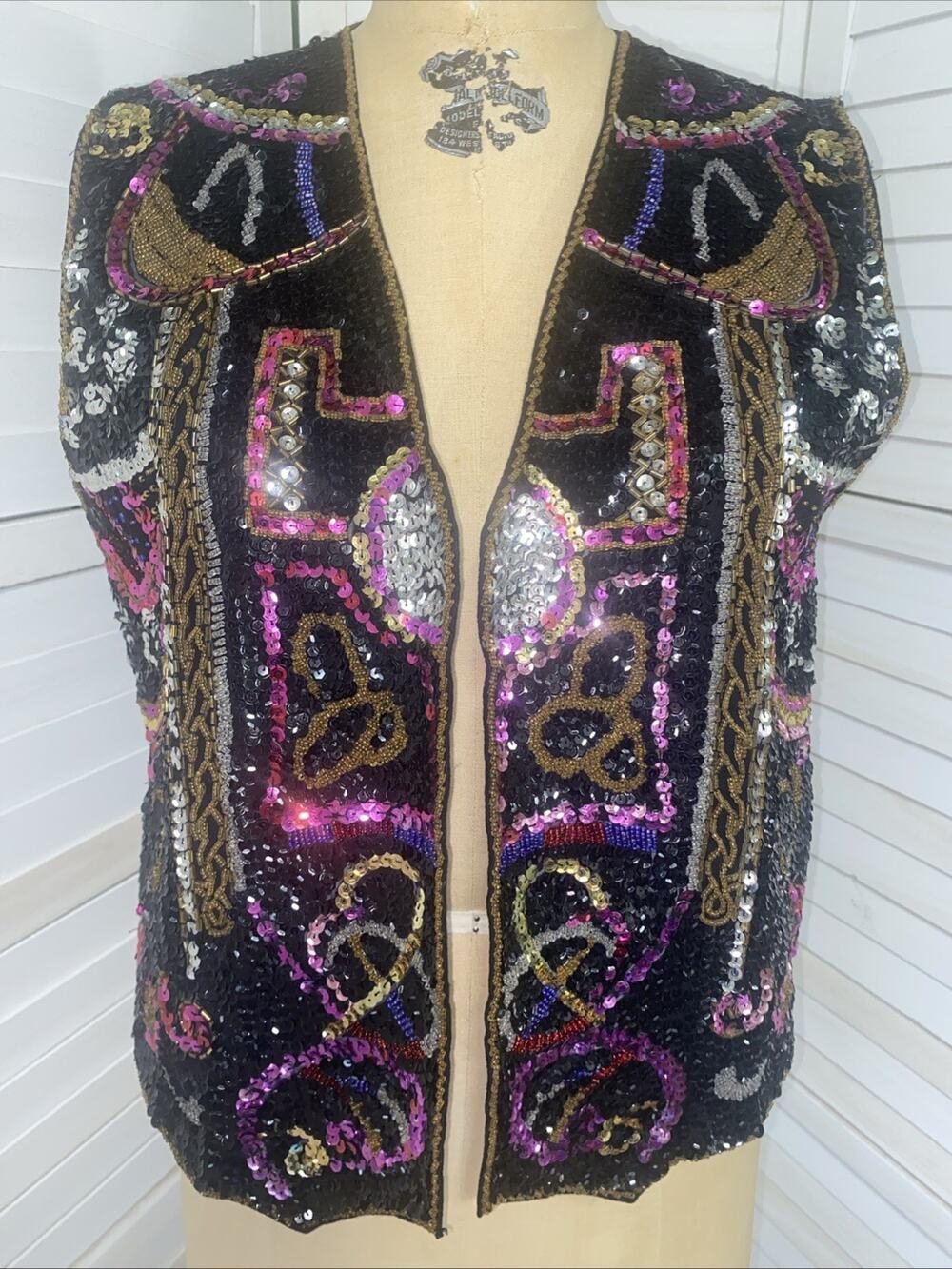 80s Creazioni Effeci Vest Sz M Sequin Beaded Black Line Open Front